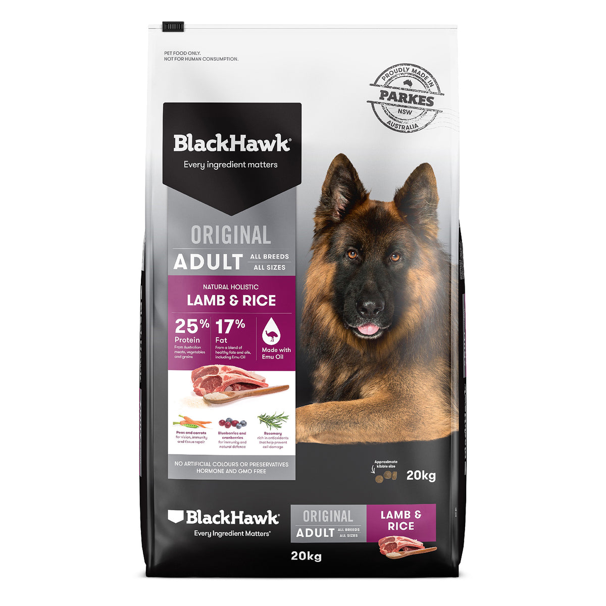 Black Hawk Original Lamb & Rice Adult dry dog food, 20kg bag, front
