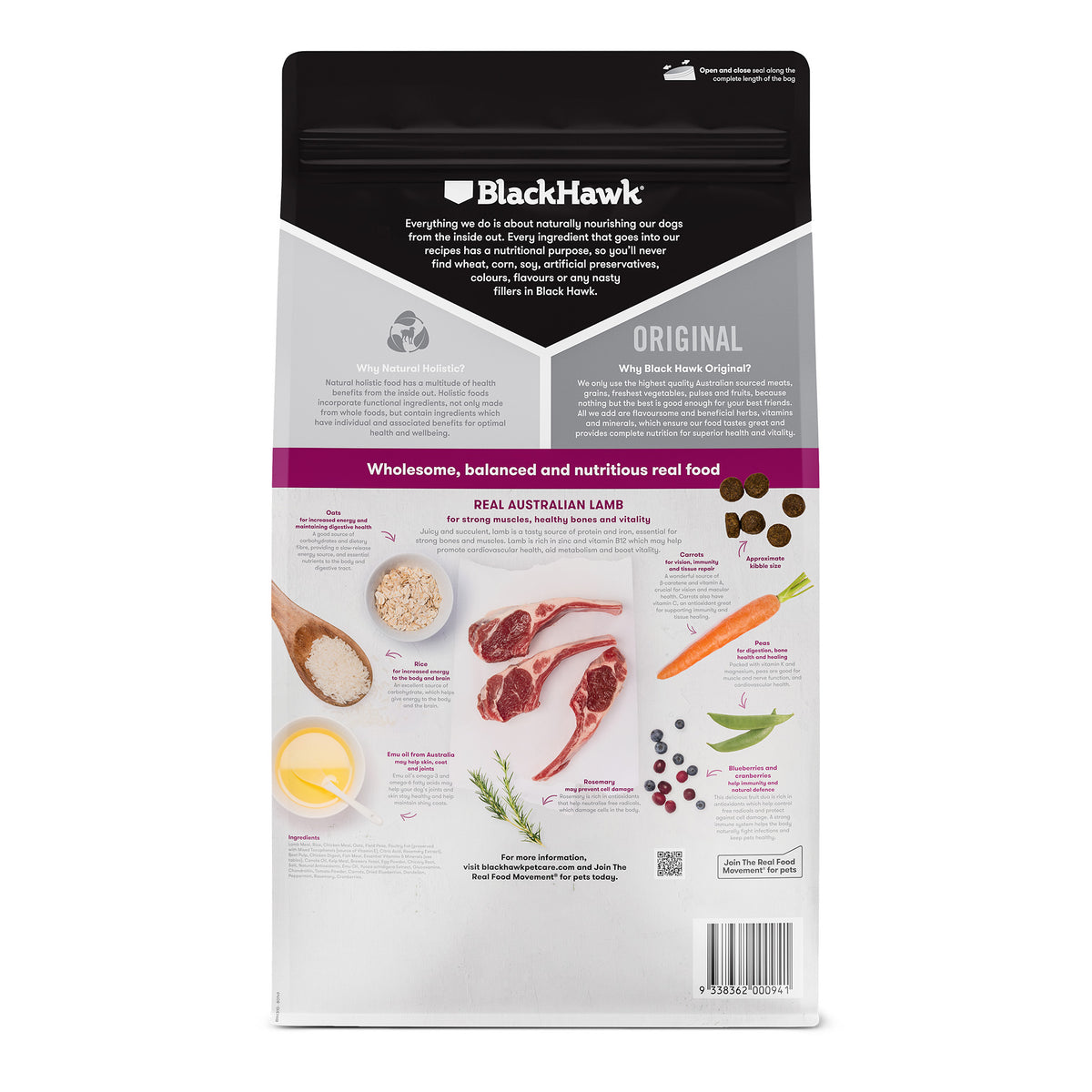 Back of the Black Hawk Lamb & Rice bag with ingredients and feeding guide