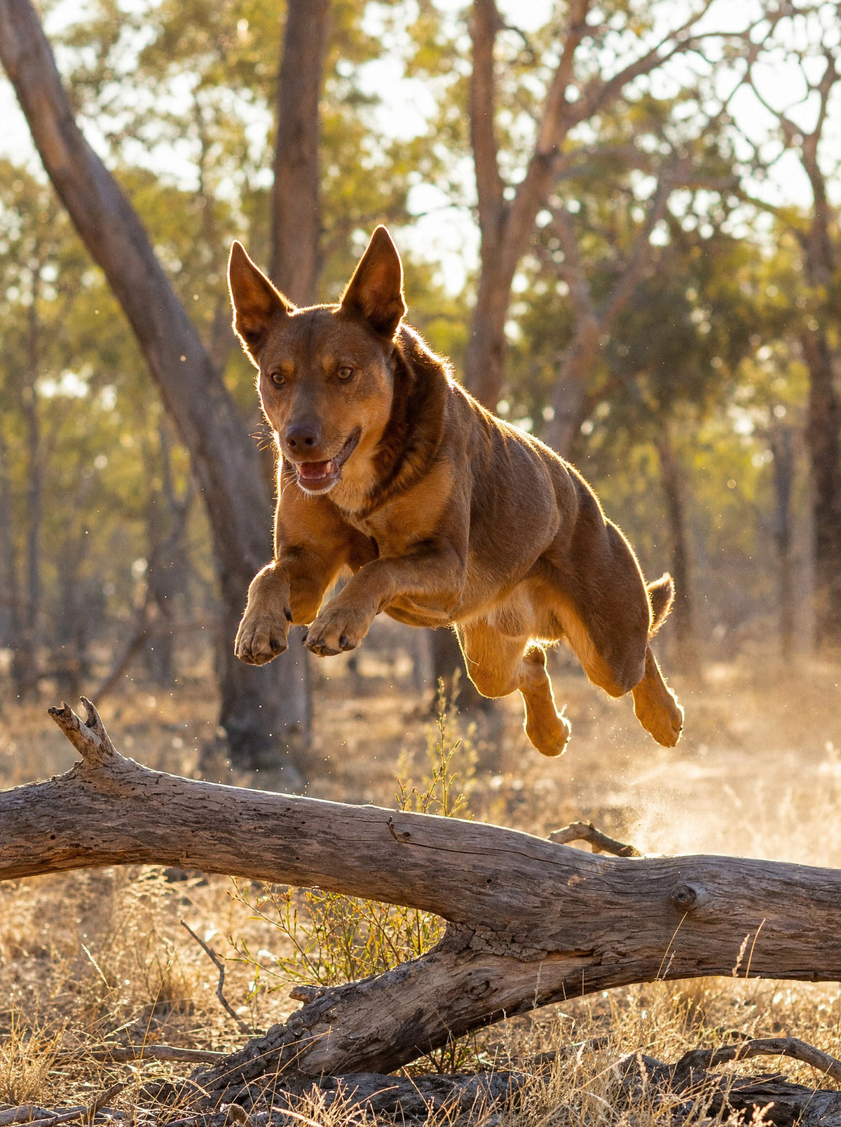 Red kelpie leaping over a log in a golden paddock
