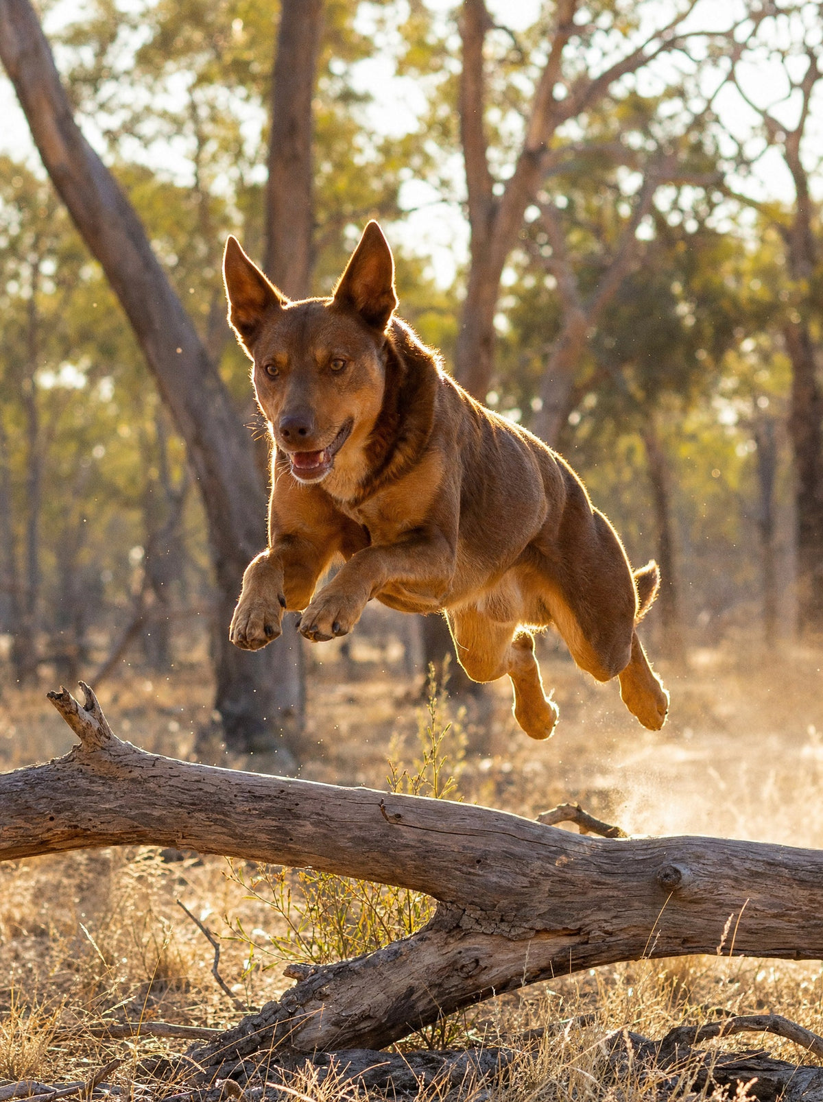 Red kelpie leaping over a log, fuelled for a working day