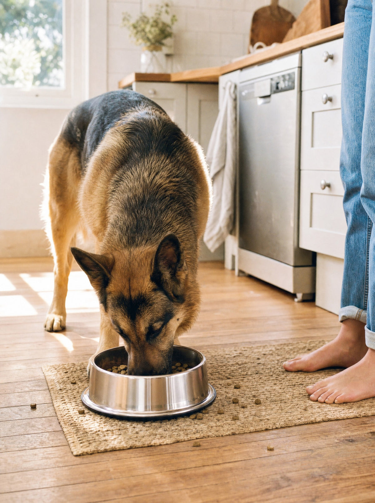 German Shepherd eating from a stainless steel bowl in a sunlit kitchen