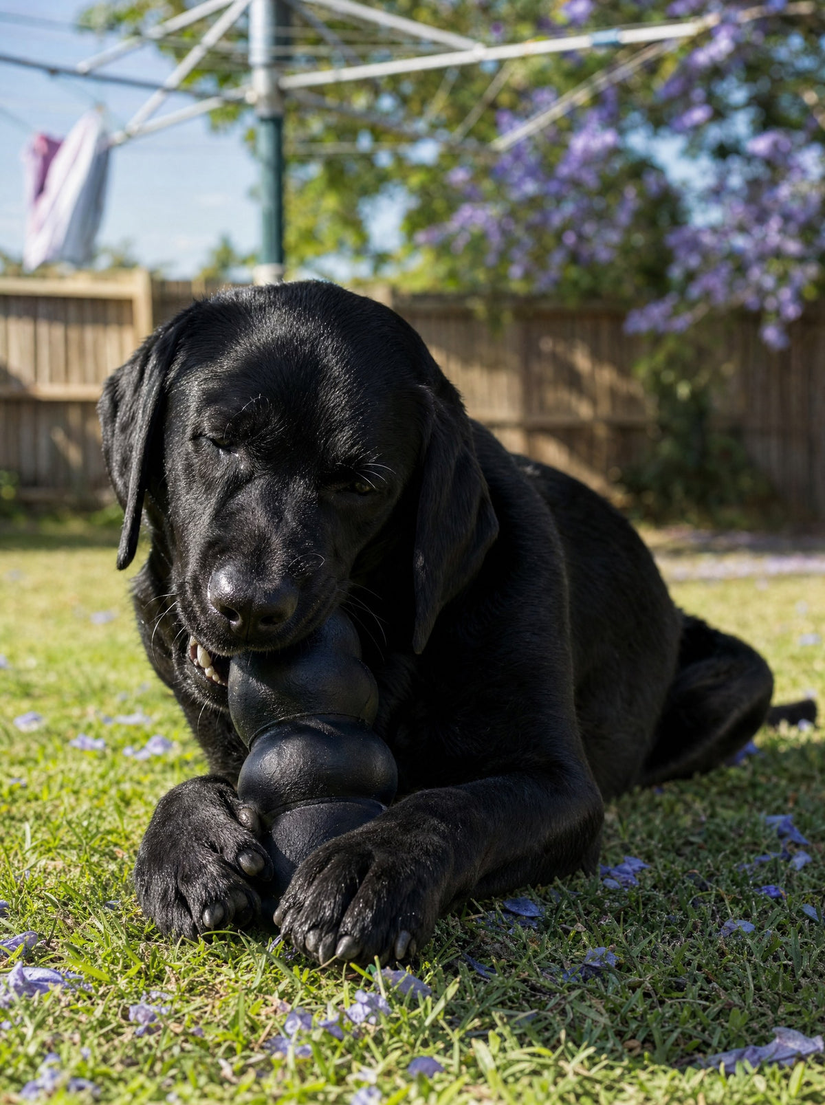 Black Labrador chewing a rubber toy on the lawn