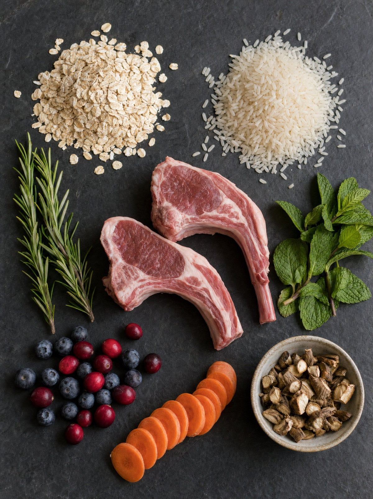 Lamb, oats, rice, blueberries, cranberries and carrot, the main ingredients