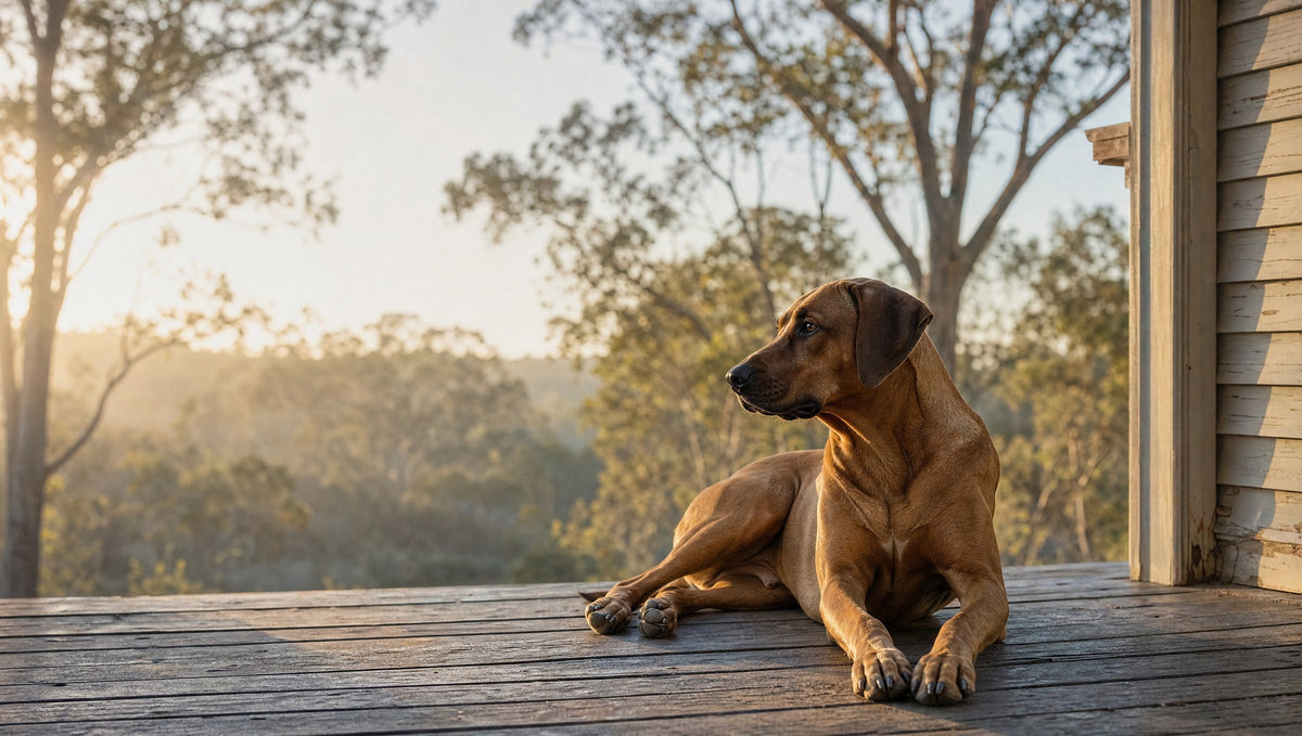 Rhodesian Ridgeback resting on a timber deck at sunrise