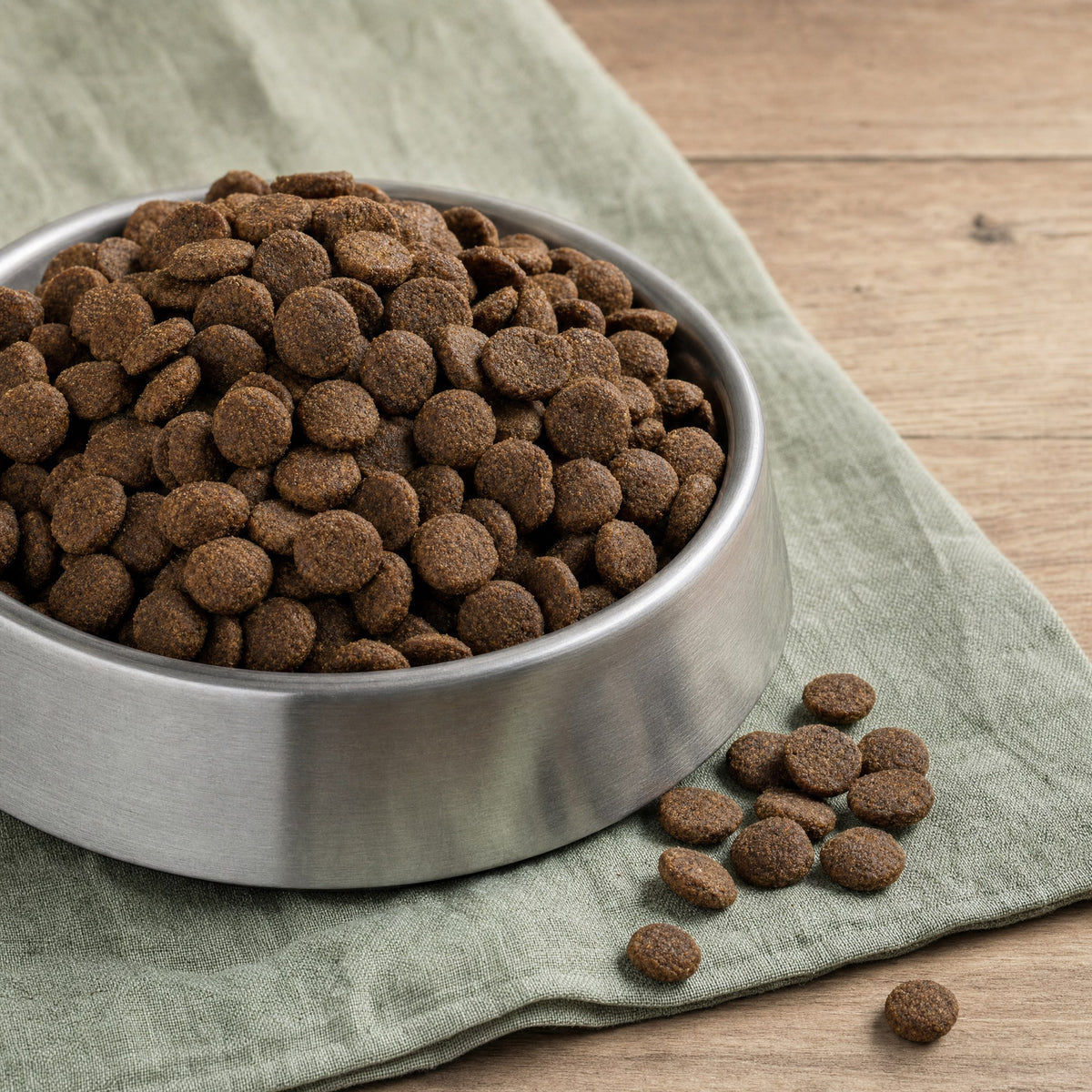 Dry dog food kibble in a stainless steel bowl