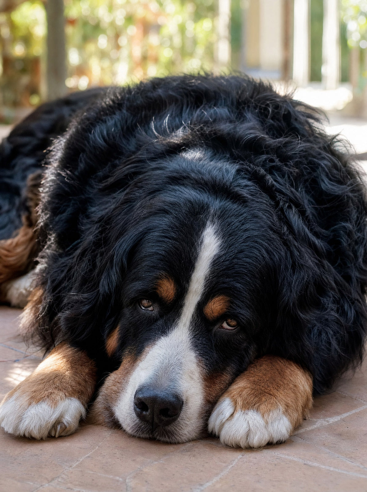 Bernese Mountain Dog resting on cool tiles