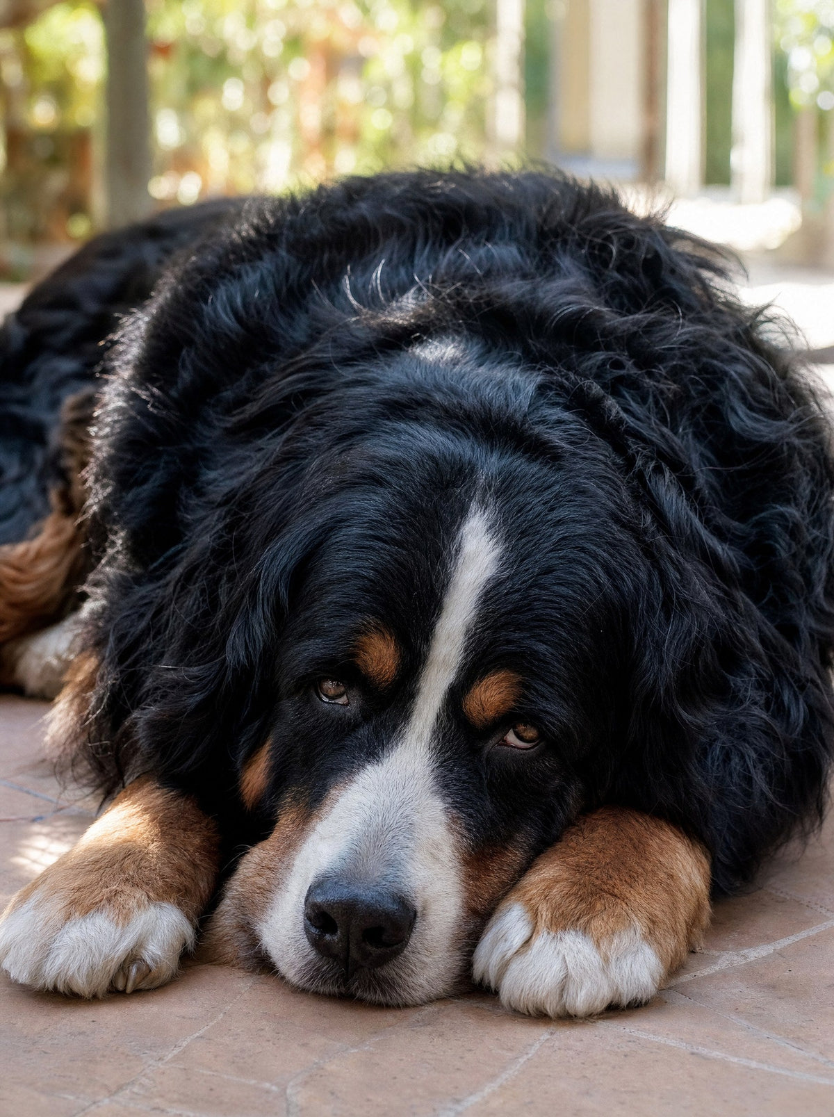 Bernese Mountain Dog resting on cool tiles, itch-free in summer