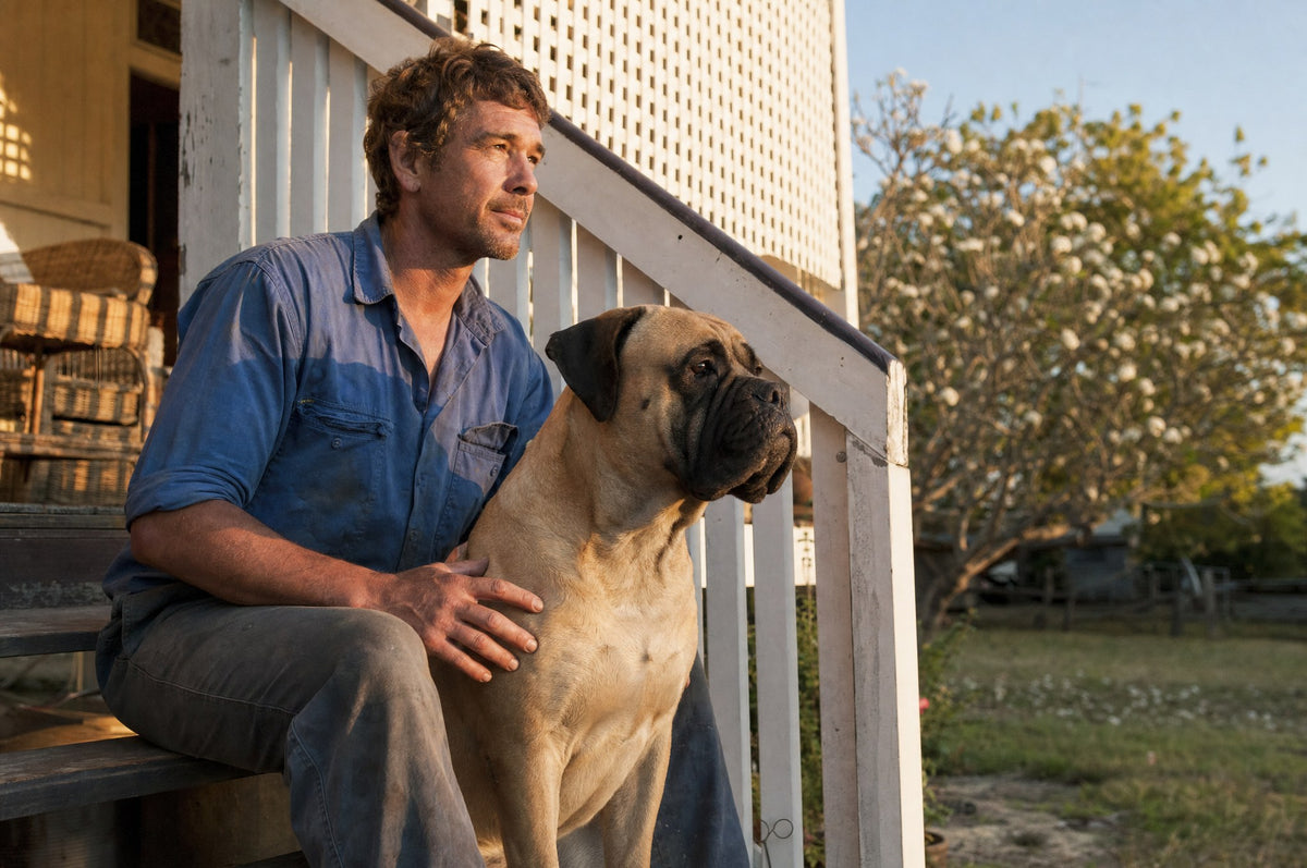 Man and Bullmastiff on the back steps of a Queenslander